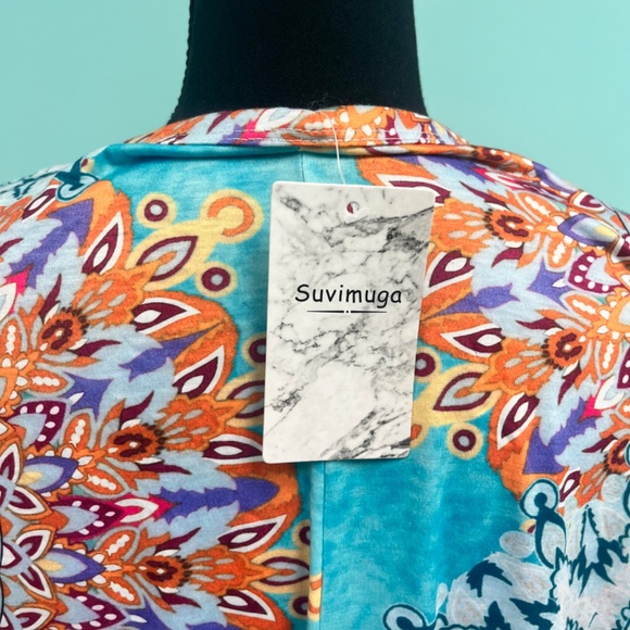 suvimuga green & peach medallion pocket 3/4 sleeves swing dress size L. - Picture 5 of 6